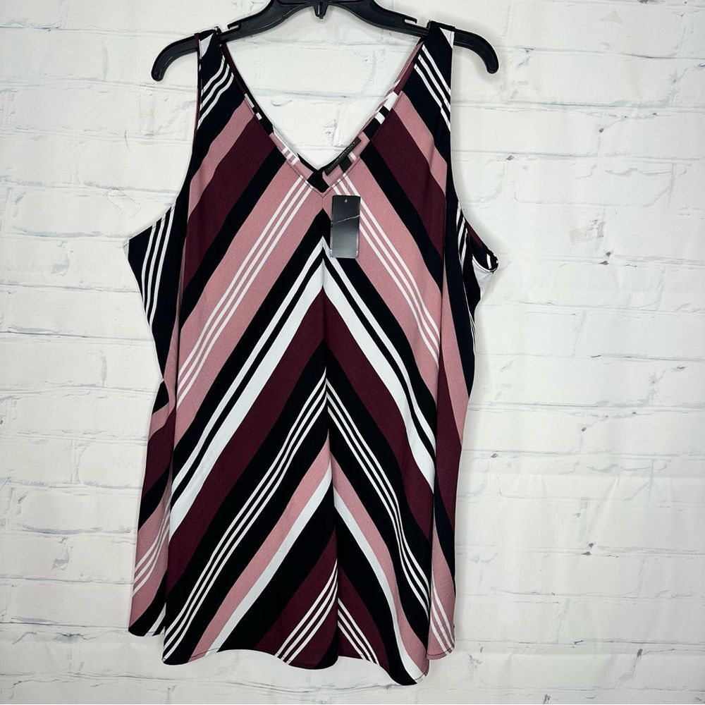 Lane Bryant Black, Mauve & Pink Striped V-Neck Tank